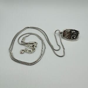 Brighton London Groove Silver Scrolled Rectangle Badge Holder Long Necklace 18”